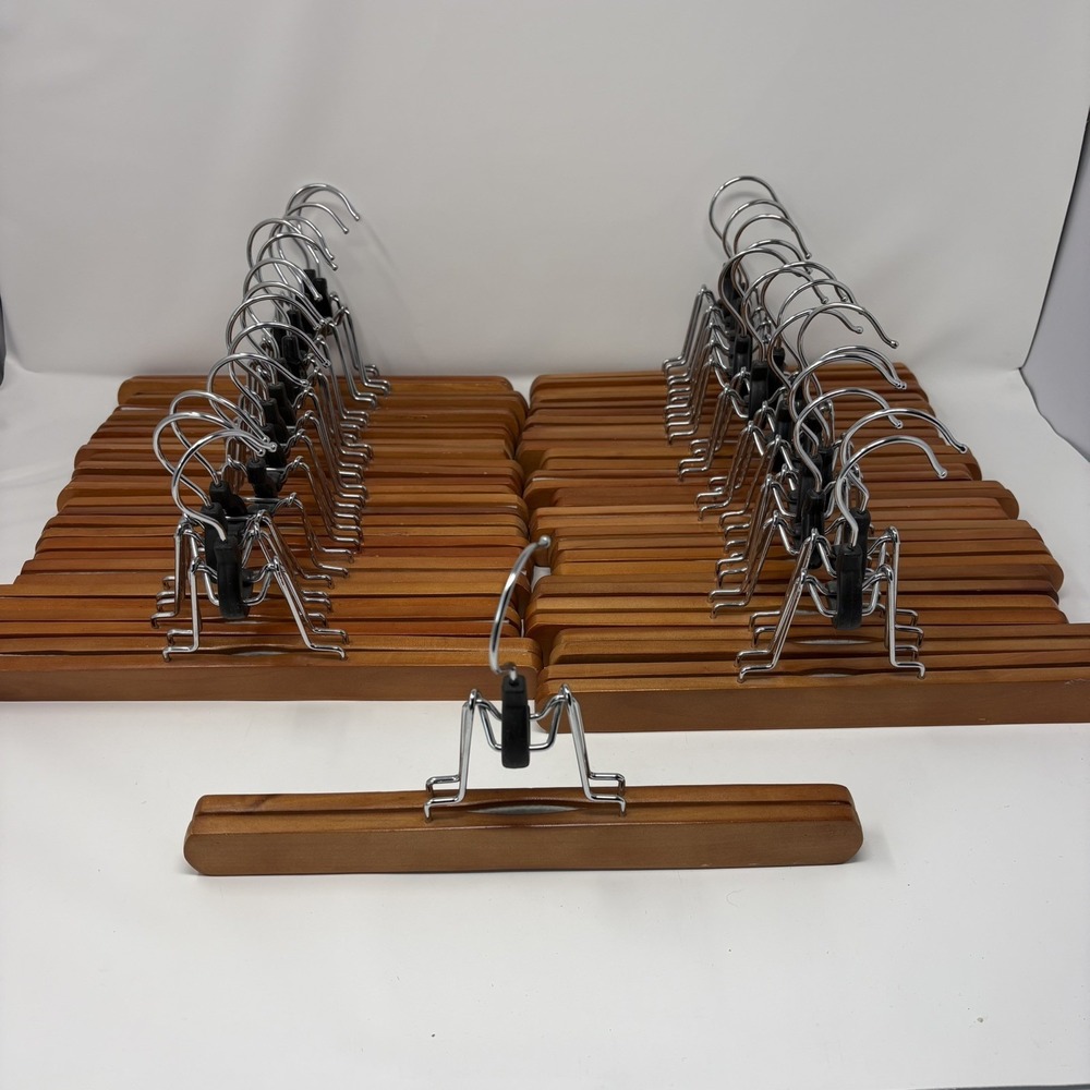 29 Pack Wooden Pants Skirt Clamp Hangers with Non Slip Felt Walnut Wood Color